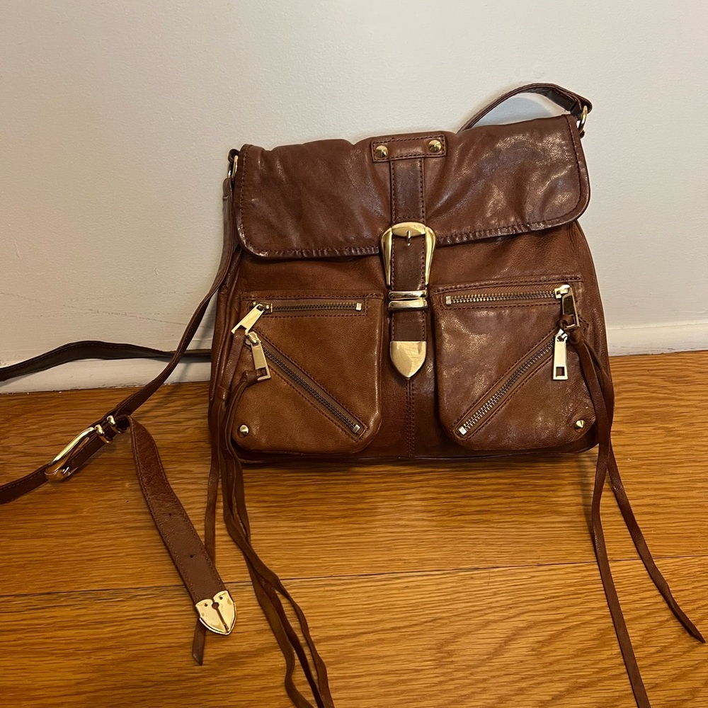 Genuine Leather Crossbody Bag in Caramel Brown with Gold Hardware